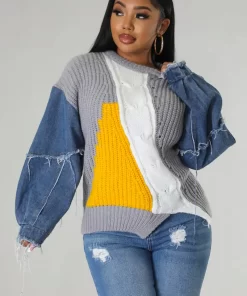 FmfwEchoine Design Denim Sleeve Patchwork Sweater Knit Pullovers