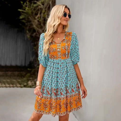 FokLElegant and Chic Fixed Pattern Design Short Lanten Sleeve Bohemian Dress for Women Summer Vacation Home