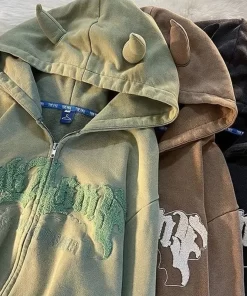 GoX5Harajuku Zip Up Hoodies Women Letter Embroidery Hooded Sweatshirt Retro Oversized Long Sleeve Street Couple Y2K