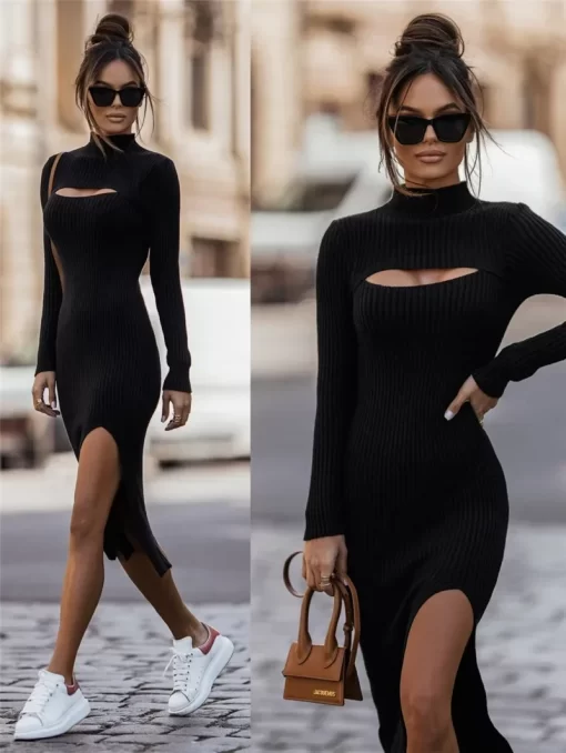 GuwOWomen White Knitted Long Midi Dress Autumn Winter Solid Office Lady Pullover Bodycon Slim Long Sleeve