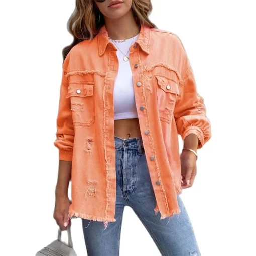 H0RH2023 Holes Raw edges Denim Jacket Women Spring Autumn Shirt Style Jeancoat Casual Top Rose Red