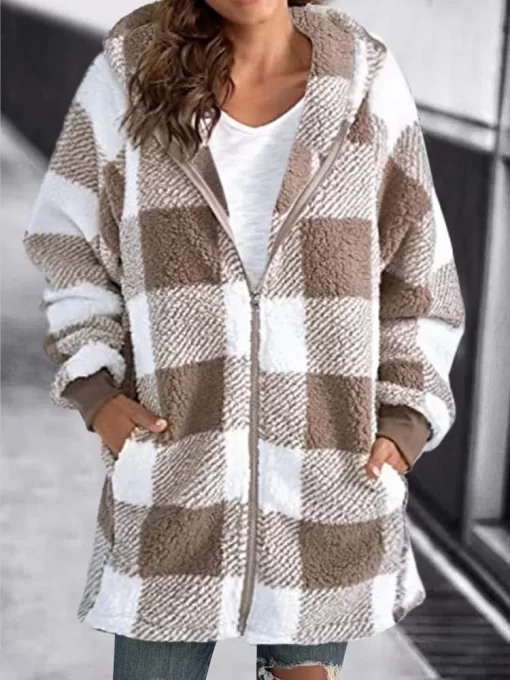 H5am2022 Autumn Winter Plaid Faux Fur Coat Women Teddy Coat Hooded Jackets Female Furry Teddy Bear