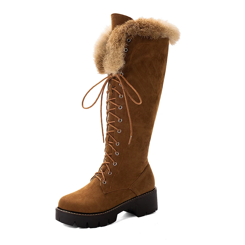 HBdnENMAYER Fretwork Heels Velvet Zip Over the Knee Boots Winter Round Toe Fur Med Solid Women