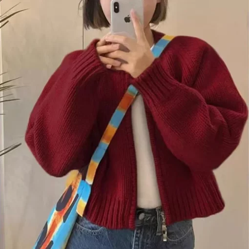 HGraKnitted Cardigan Women s Round Neck Cashmere Sweater Coat Korean Fashion Soft Slim Fit Jacket Zipper