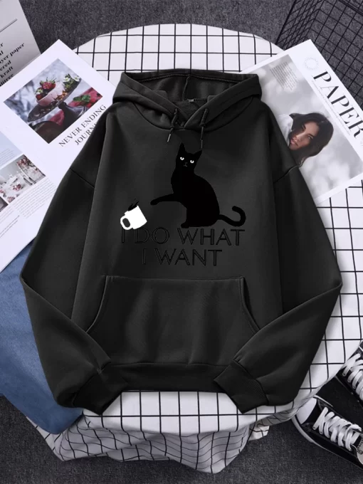 HKmPI Do What I Want Black Cat Printing Hoodies Female Fashion Casual Clothing Autumn Fleece Pullover