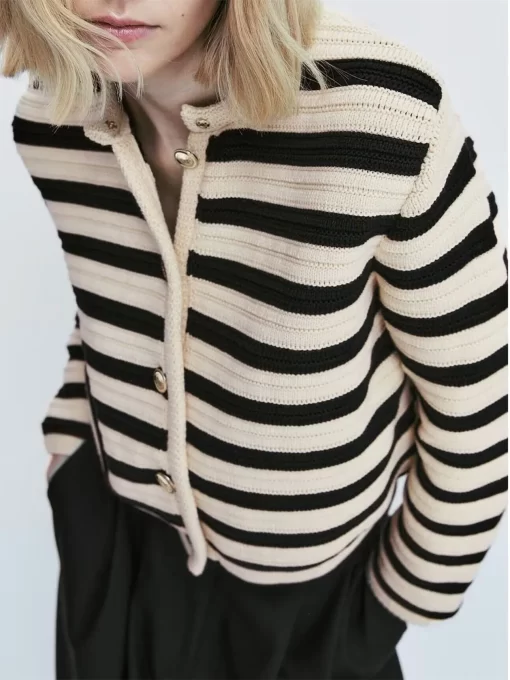 Hl8VWomen Single Breasted Striped Cardigan Jacket O Neck Long Sleeve Casual Slim Short Knitted Coat for