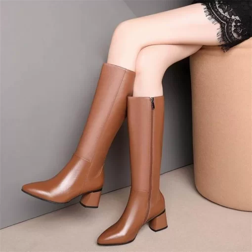 HlonShoes for Woman Long Winter Knee High Shaft Footwear Leather Women s Boots Fur Brown Pointed
