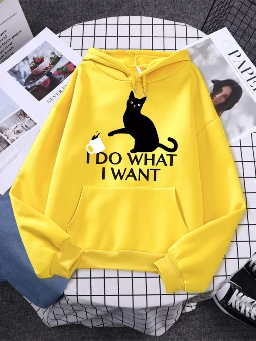 HoH4I Do What I Want Black Cat Printing Hoodies Female Fashion Casual Clothing Autumn Fleece Pullover