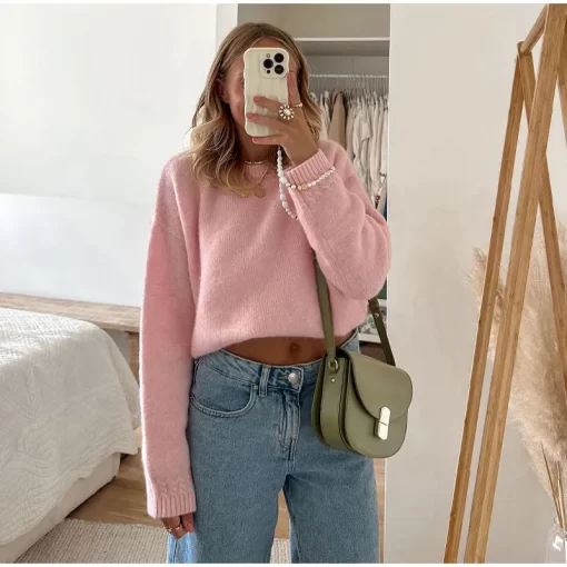 I4cHFashion Pink Knit O neck Sweaters Women Solid Color Casual Loose Long Sleeve Crop Top Knitwear
