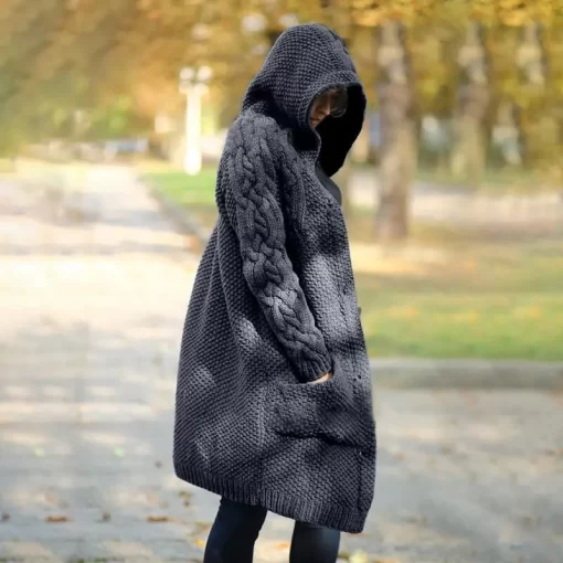 IAOaAutumn Winter Ladies Warm Long Sweater Coat 2023 Fashion Women Hooded Thickened Medium Overcoat Female Knitted