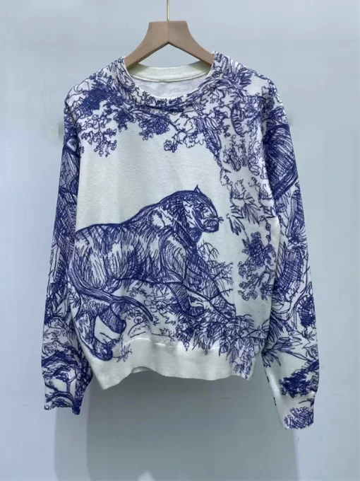 ILus2023 Fall Winter Women Casual Style Animal Pattern Printing Pullover Sweater Classic Crew Neck Knit Tops