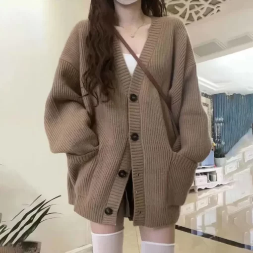 IOH7Autumn Winter Women Cardigan Sweater Coats Fashion Female Long Sleeve V neck Loose Knitted Jackets Casual