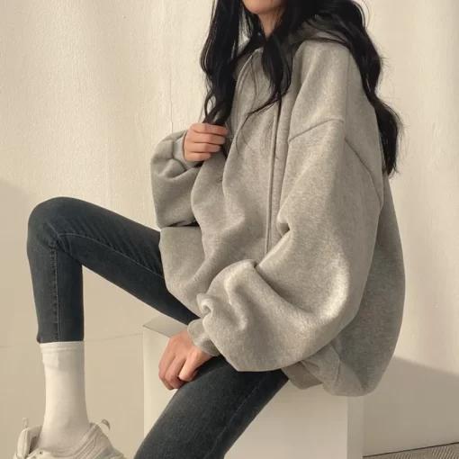 IS6RWomen Hoodie Harajuku Loose Oversized Solid Color Top Half Zip Up Sweatshirt Female Casual Long Sleeve