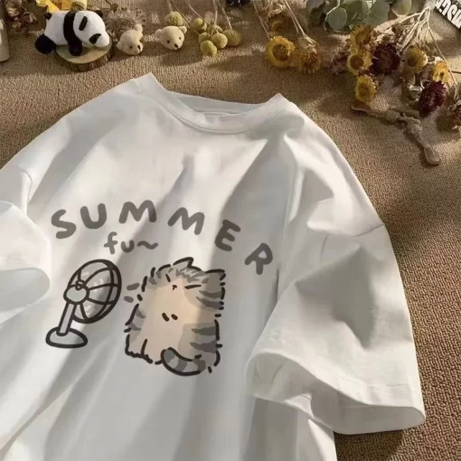 IaauAmerican Street Creative Blow Fan Cat Pure Cotton T shirt for Men and Women Summer Relaxed