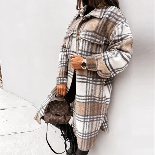 IcPX2023 Single Breasted Trench Coat Fashion Long Autumn Winter Women s Clothing Long Sleeve Woolen Plaid