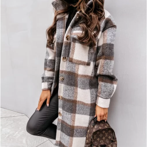 ItYt2023 Single Breasted Trench Coat Fashion Long Autumn Winter Women s Clothing Long Sleeve Woolen Plaid