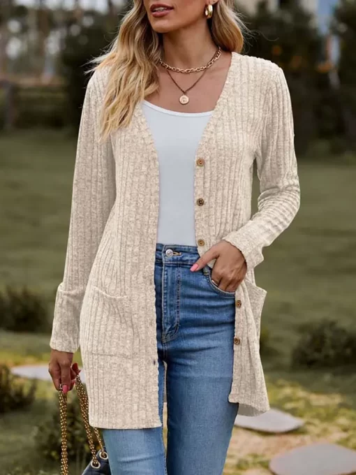 J08B2023 Autumn Long Cardigan Women Button Up Kimono Cardigan Ladies V Neck Knitted Sweater Cardigans For