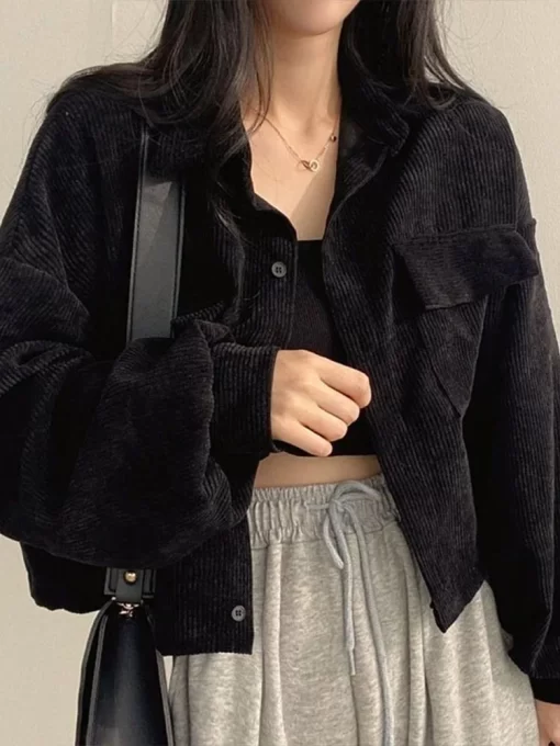JLZxWomen Vintage Corduroy Cropped Jacket Korean Fashion Long Sleeve Drawstring Blouses Female Loose Single Breasted Coats