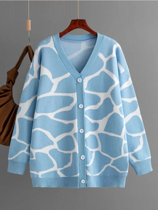 JXjOWomen Knitted Cardigan Winter Autumn Warm Long Sleeve Tops Korean Thick Print Cardigan Coat Casual Oversized