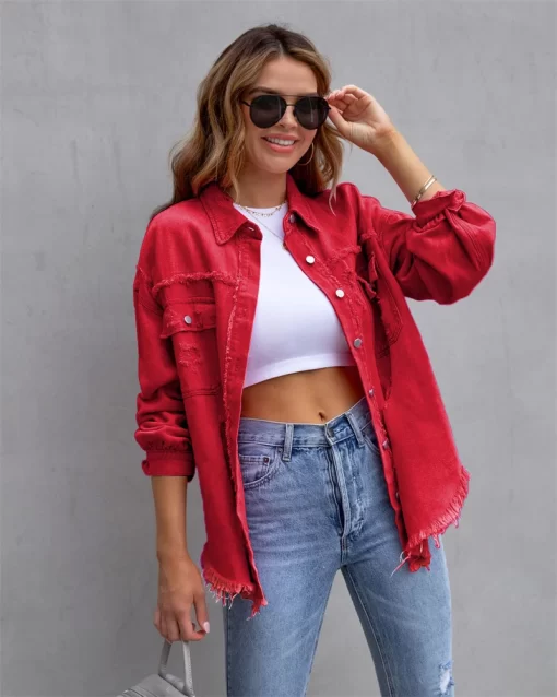JgvU2023 Holes Raw edges Denim Jacket Women Spring Autumn Shirt Style Jeancoat Casual Top Rose Red