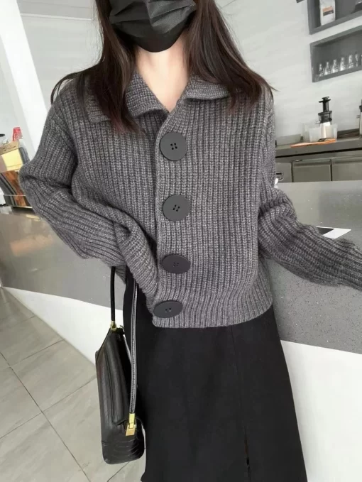 JnmnWomen s Chunky Knit Cardigan Jacket Big Button Collared Soft Woolen Rib knit Sweater Autumn Winter
