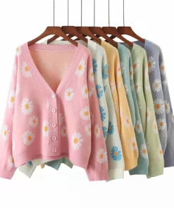 Kpytomoa Femme Fashion Print Soft Sweater Ladies Full Sleeve Floral Single Little Daisy V Neck Pull.jpg