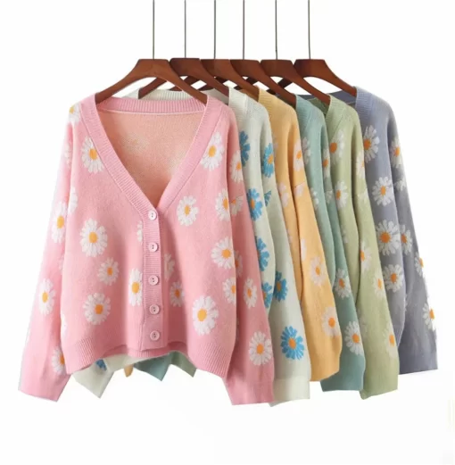 Kpytomoa Femme Fashion Print Soft Sweater Ladies Full Sleeve Floral Single Little Daisy V Neck Pull.jpg