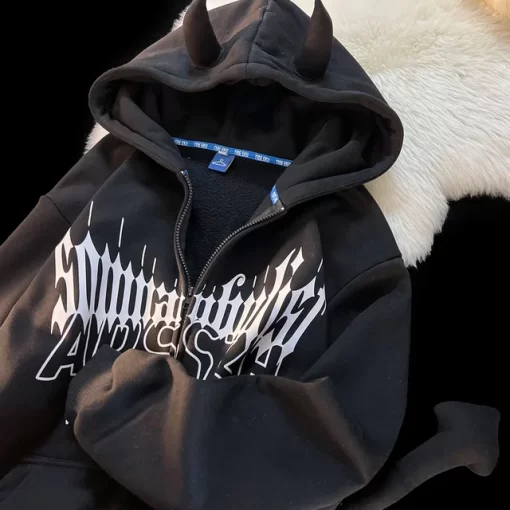 KtChHarajuku Demon Hoodies Tail design Gothic Oversized Hoodie Sweatshirt Goth Zip Up Hoodie Y2k Clothes Couples