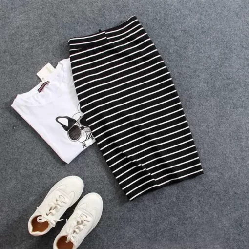 L3IBKorean Womens Black White Striped One Step Skirt Spring Summer Woman Casual Pocket Mid length Slim