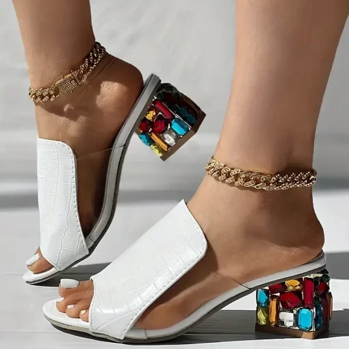L6FYWomen s Chunky Heeled Sandals Rhinestone Heeled Peep Toe Slip On Mid Heels Versatile Fashionable Sandals