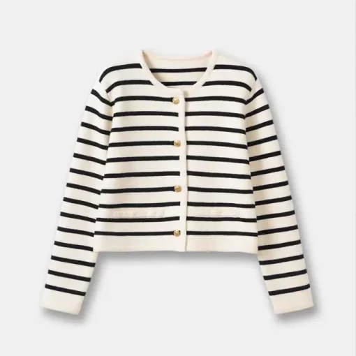 LH7vWomen Single Breasted Striped Cardigan Jacket O Neck Long Sleeve Casual Slim Short Knitted Coat for