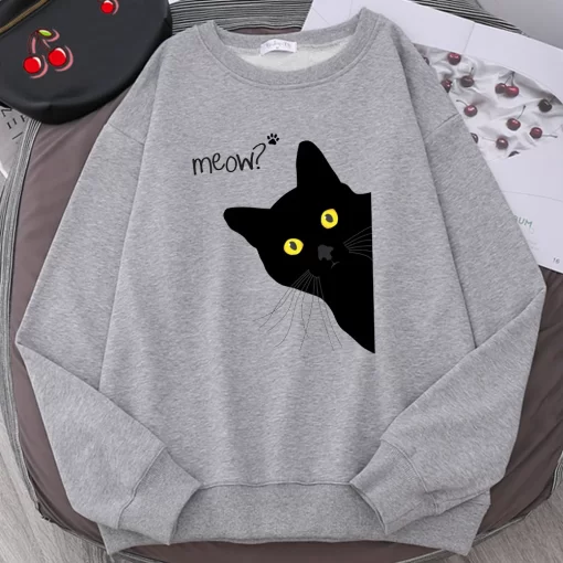 MBxWMeow Black Cat Printed Mens Sweatshirts Funny Cute Long Sleeves Casual Personality Clothes Fleece Autumn Warm