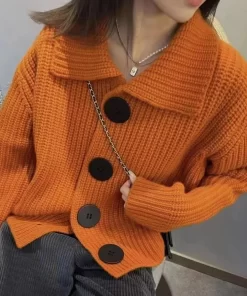 MEPOWomen s Chunky Knit Cardigan Jacket Big Button Collared Soft Woolen Rib knit Sweater Autumn Winter
