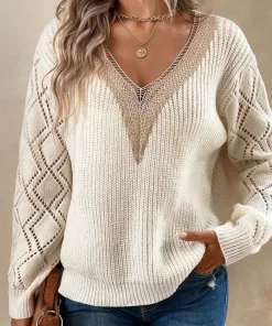 N5rzAutumn Winter V neck Lace Patchwork Sweater Women Loose Casual Fashion All match Knitted Pullovers Ladies
