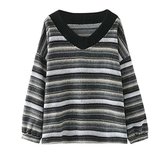 N9ehKnitted Sweaters Women Casual V Neck Stripe Pullover Sweater Autumn winter Retro Jumper Harajuku Oversized Loose