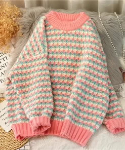 NavIPlaid Preppy Style O Neck Chic Long Sleeve Acrylic Knitted Women s Sweater Korean Fashion Thick