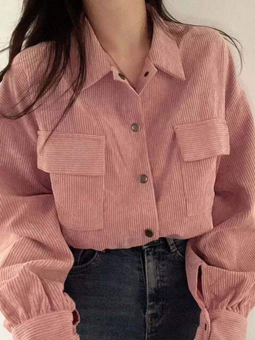 NdhGWomen Vintage Corduroy Cropped Jacket Korean Fashion Long Sleeve Drawstring Blouses Female Loose Single Breasted Coats