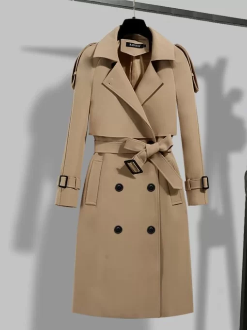 New Trench Coat for Women 2023 Winter Autumn Solid Lapel Double breasted Long Overcoat Tops Windbreaker.jpg (1)