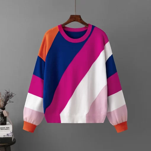 NfXQFashion Oversized Stripe Stitching Pullovers Women Sweater Tops Autumn Winter Warm Ladys Pullover Knit Women Sweater
