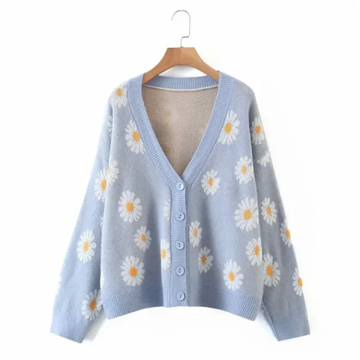 Nim5Kpytomoa Femme Fashion Print Soft Sweater Ladies Full Sleeve Floral Single Little Daisy V Neck Pull