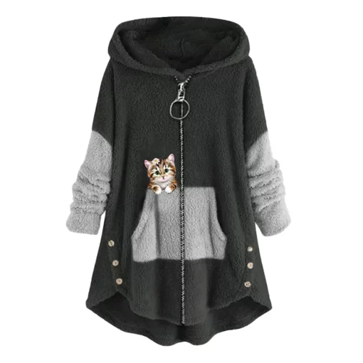 NqzeWomen s Fashion Zipper Cat Print Long Sleeve Stitching Warm Sweater Tops Coat Winter
