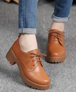 Nt00Spring winter British style split leather women square heel flat Platform shoes woman lace up oxford