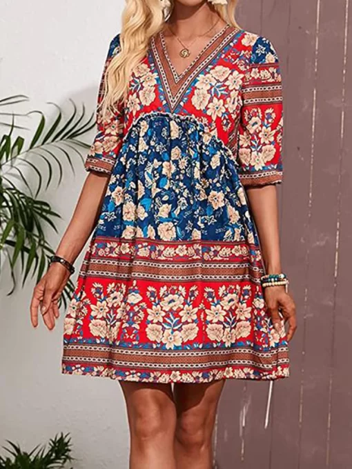 NuhqVintage Floral Print Mini Dress Women Summer Casual Loose V Neck Short Sleeve Dress Ladies Retro