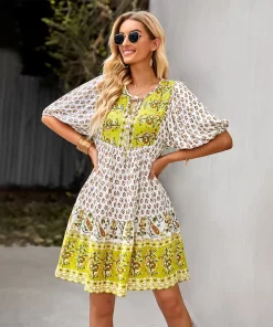 O15gElegant and Chic Fixed Pattern Design Short Lanten Sleeve Bohemian Dress for Women Summer Vacation Home