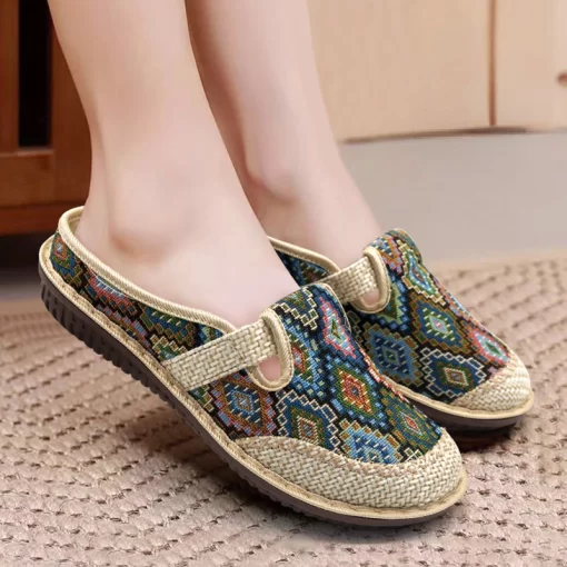 ODhvNew Fashion Women s Shoes Ethnic Style Embroidered Linen Breathable Outdoor Casual Slippers Shoes for Women