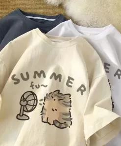 OIwUAmerican Street Creative Blow Fan Cat Pure Cotton T shirt for Men and Women Summer Relaxed