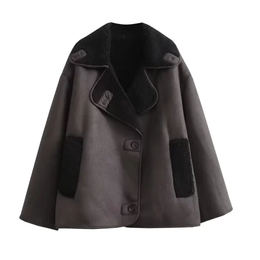 OUkOSLTNX TRAF Winter Coat for Women 2023 Faux Fur Thick Lapel Coat Female Warm PU Jacket