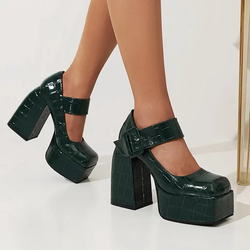 OuKoEmbossed Checkered Stone Pattern High Heel Platform Women s Shoes With Green Square Toe And Metal