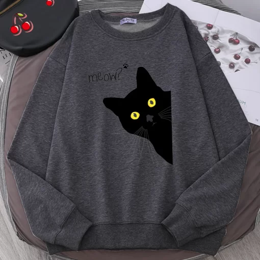 P3MXMeow Black Cat Printed Mens Sweatshirts Funny Cute Long Sleeves Casual Personality Clothes Fleece Autumn Warm