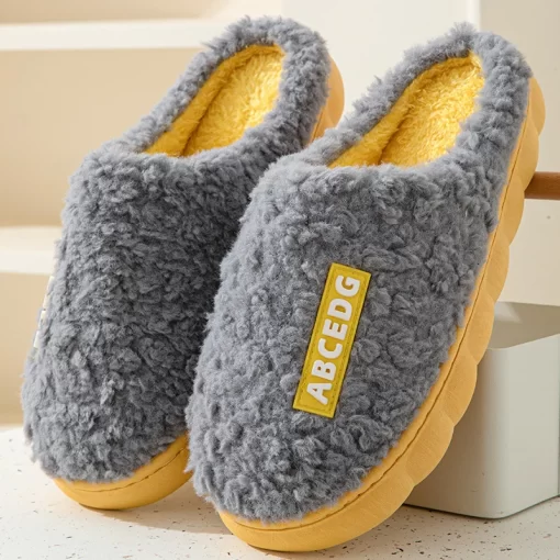 PPwQ2023 New Winter Fulffy Fur Slippers Men Plush Fleece Flat Slippers Sweet Thick Soled Indoor Cotton